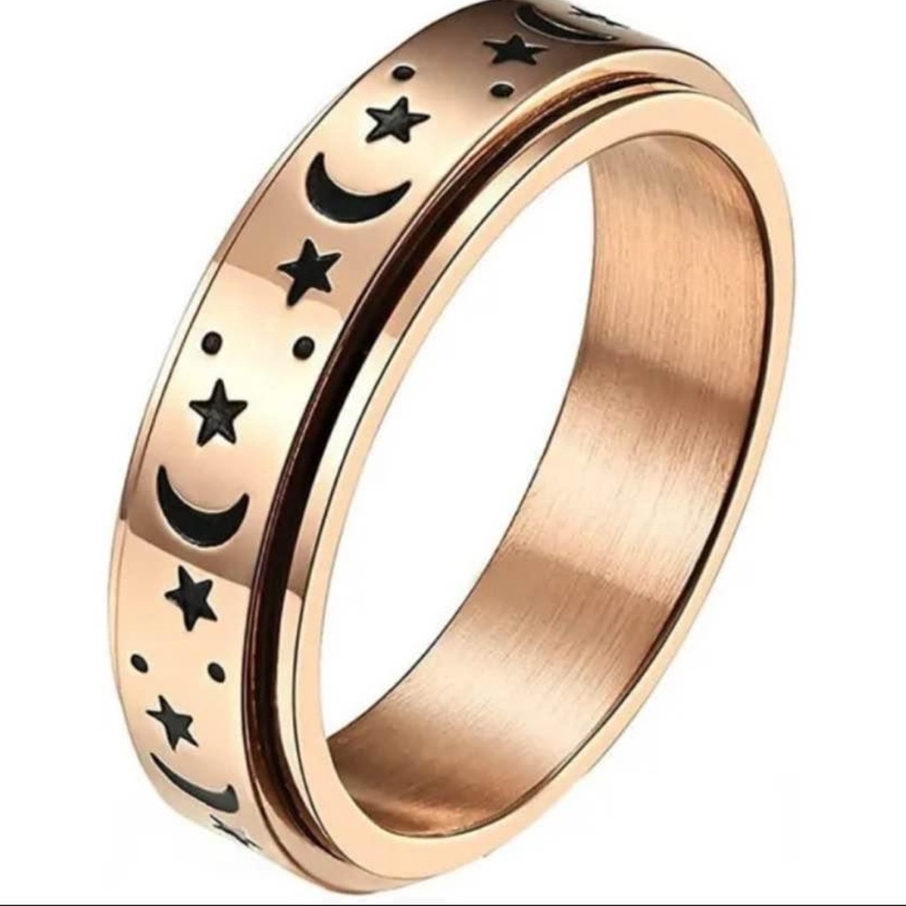 Galaxy Spinner Ring, RoseGold Rotatable Ring, Moon, Star/Moon Fidget Size 6